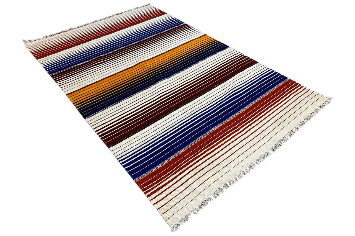 Kilim rug diagonal: stripes in blue, red, and cream with fringes