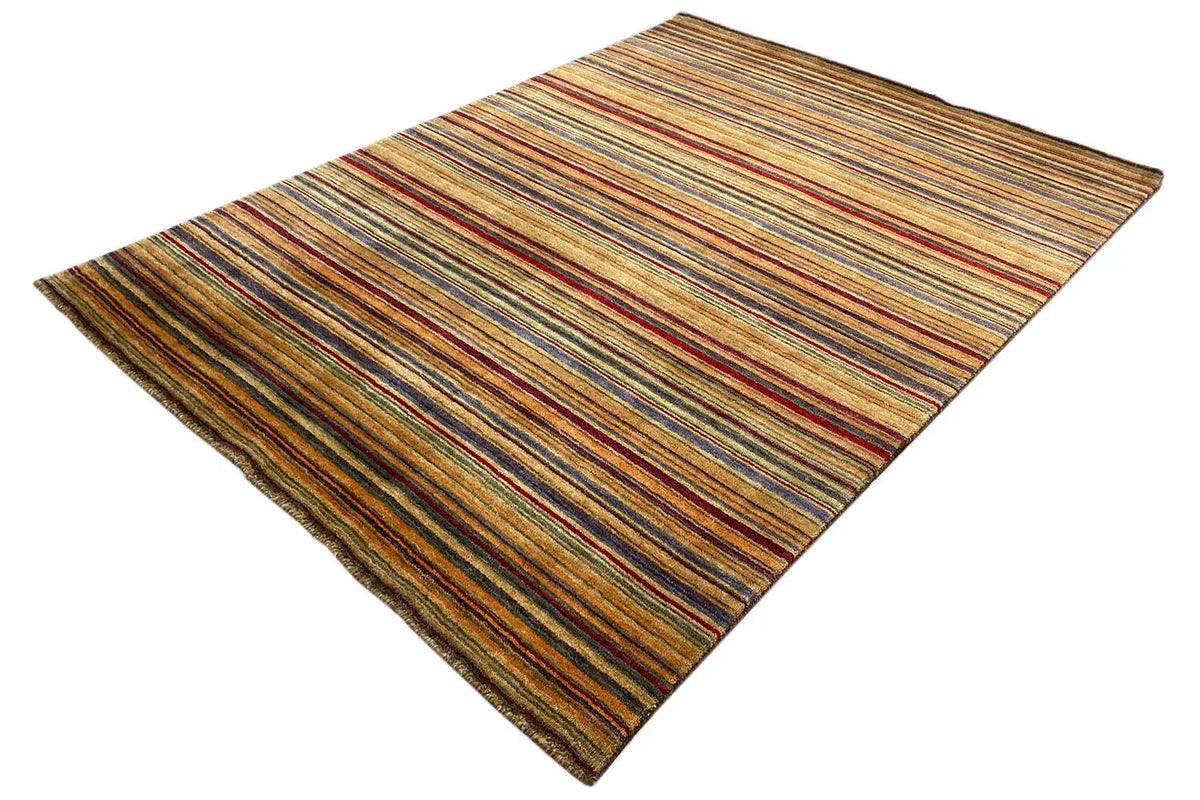 Gabbeh rug in diagonal view, brightly striped lines across the entire surface