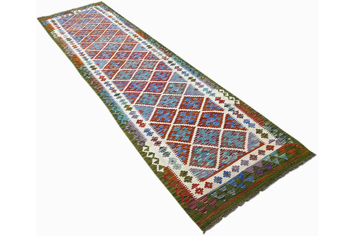 Kilim runner with a border and diamonds, multicolored, diagonal view