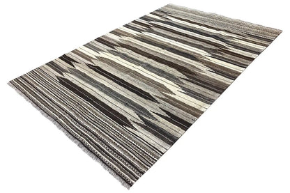 Kilim Qashqai rug with narrow lines and areas in gray, beige, and dark brown
