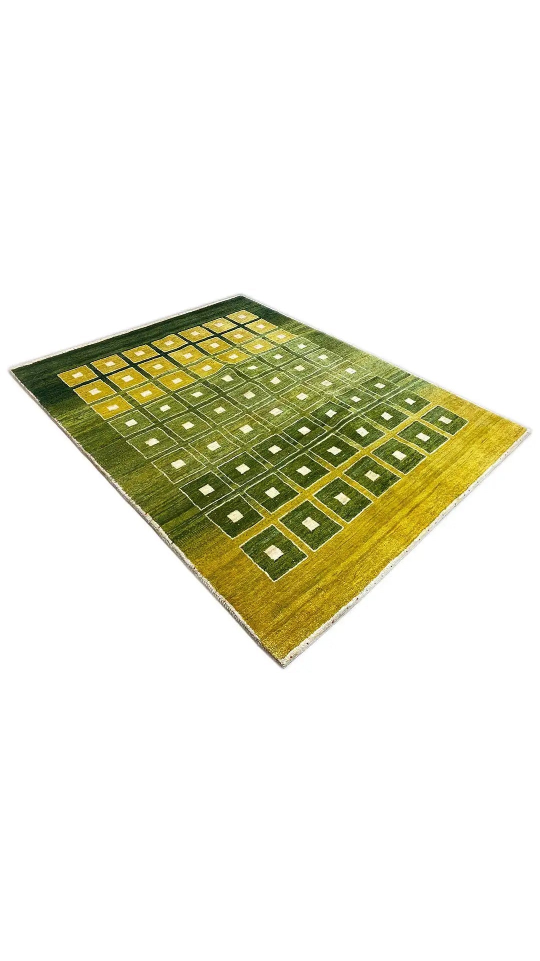Gabbeh rug 199x152 cm: diagonal view with a square grid in green and yellow