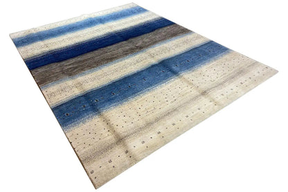 Gabbeh-Lori rug 253×193 cm, horizontal stripes in blue, beige, and brown વચ્ચે