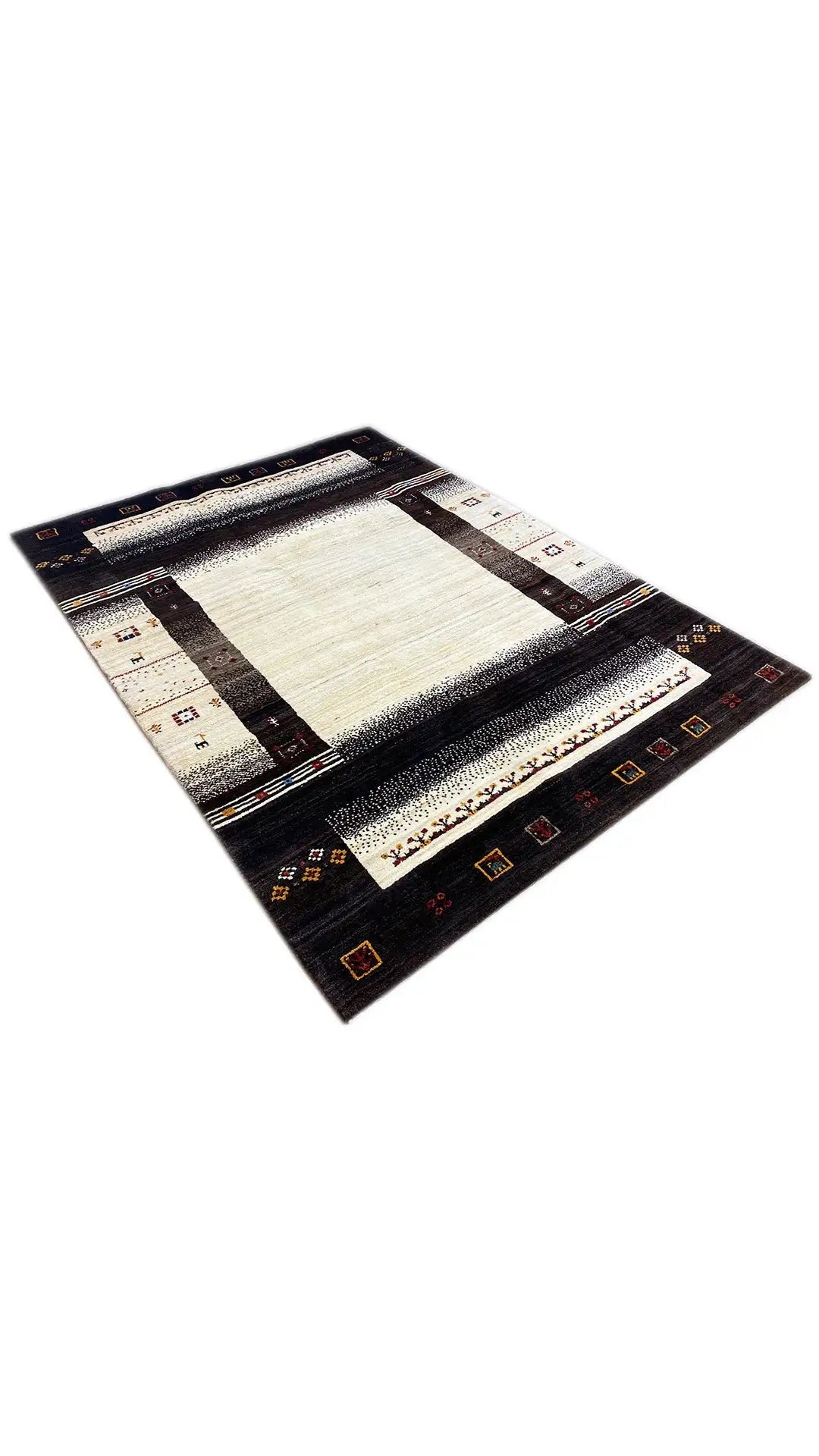 Rug lying flat, light field in the center, dark corner motifs and geometric borders