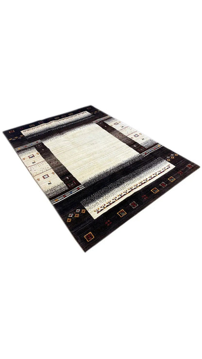 Rug lying flat, light field in the center, dark corner motifs and geometric borders