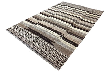 Kilim-Qashqai rug with fringes along the edge and multicolored stripes in brown, beige, and gray