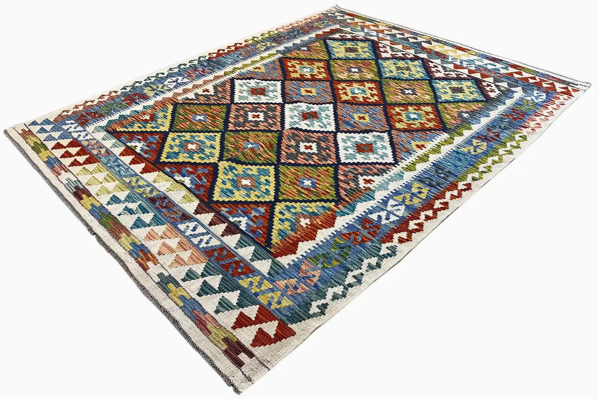 Afghan kilim with square fields in a geometric pattern, multicolored