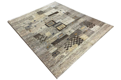 Gabbeh rug (193x156 cm), angled, with mosaic and checkered elements, flat-woven