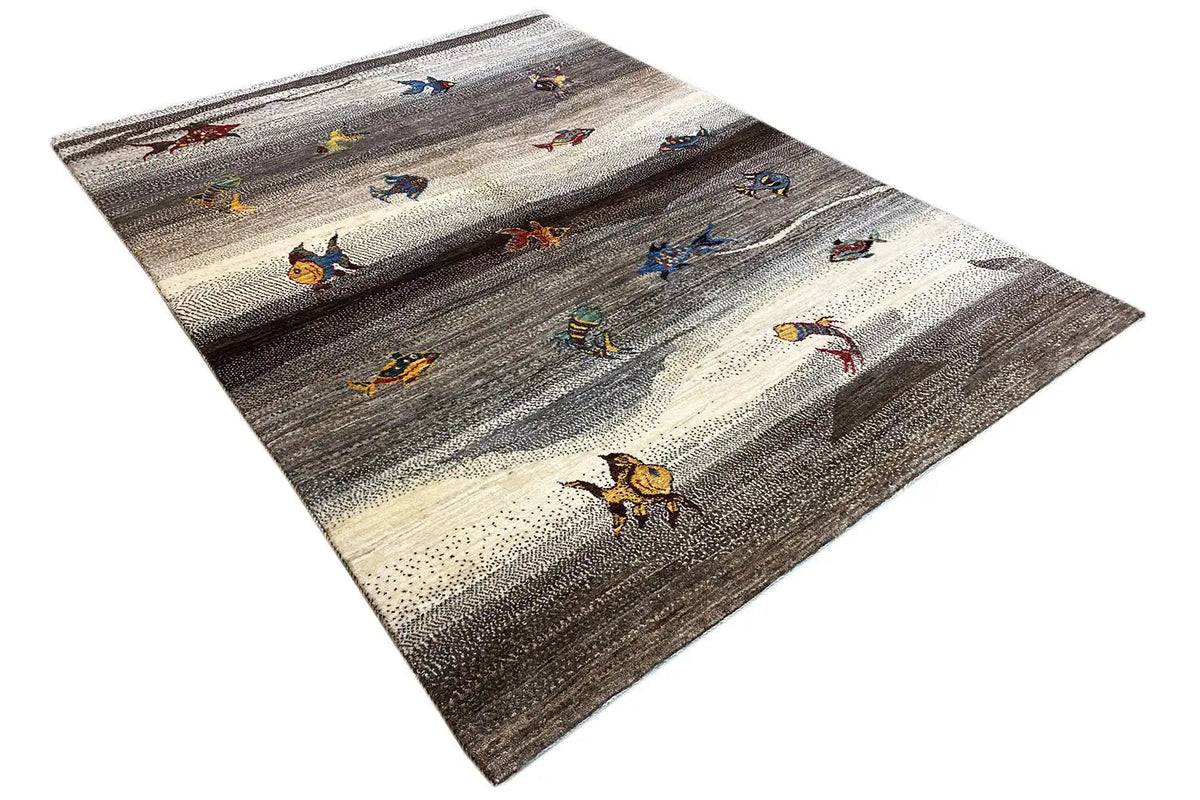 Gabbeh rug 215x154 cm, diagonal view: gray/beige with colorful animal motifs