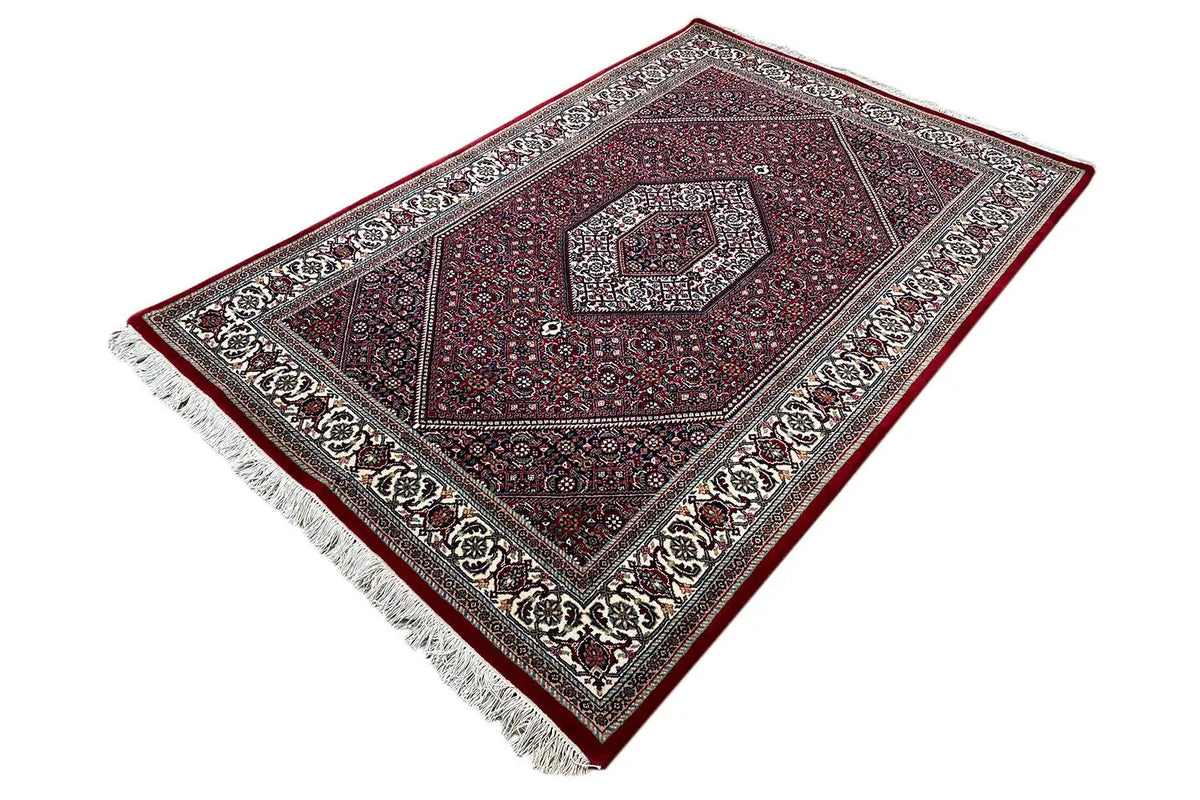 Rug laid flat: red medallion, gray ornamental border and fringe