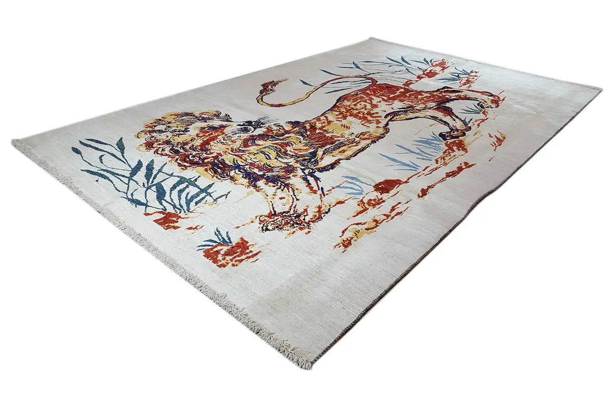 Oriental rug with lion and floral motifs, multicolored, rectangular