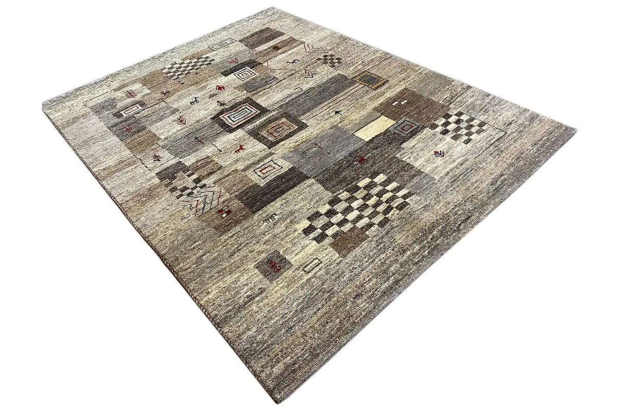 Gabbeh rug 200x151 cm: Overall diagonal view with colorful symbols and diamonds