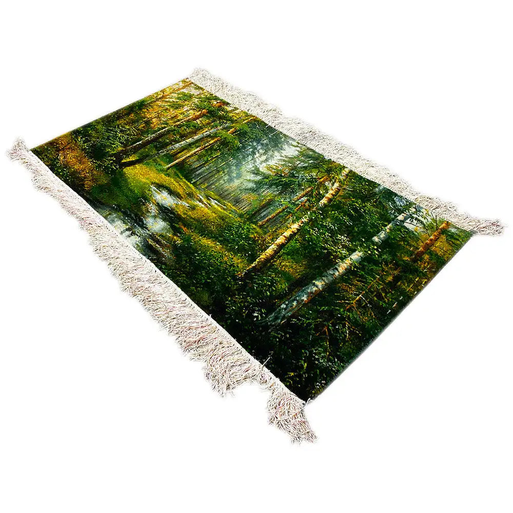 Tapestry 101x54 cm with forest path design, white fringe, and colorful green gradient