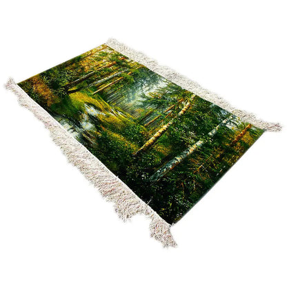 Tapestry 101x54 cm with forest path design, white fringe, and colorful green gradient