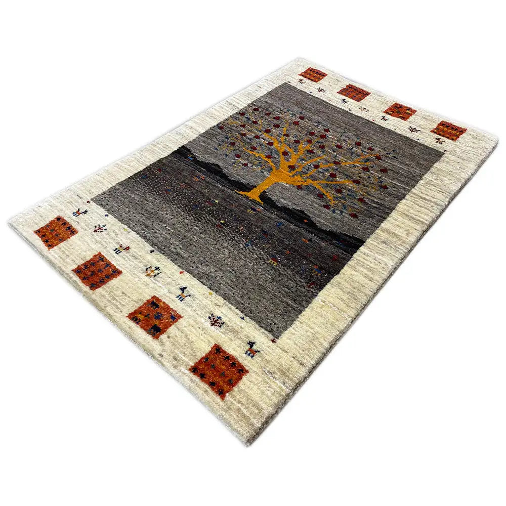 Gabbeh rug Lori: rectangular rug with a yellow tree in dark gray