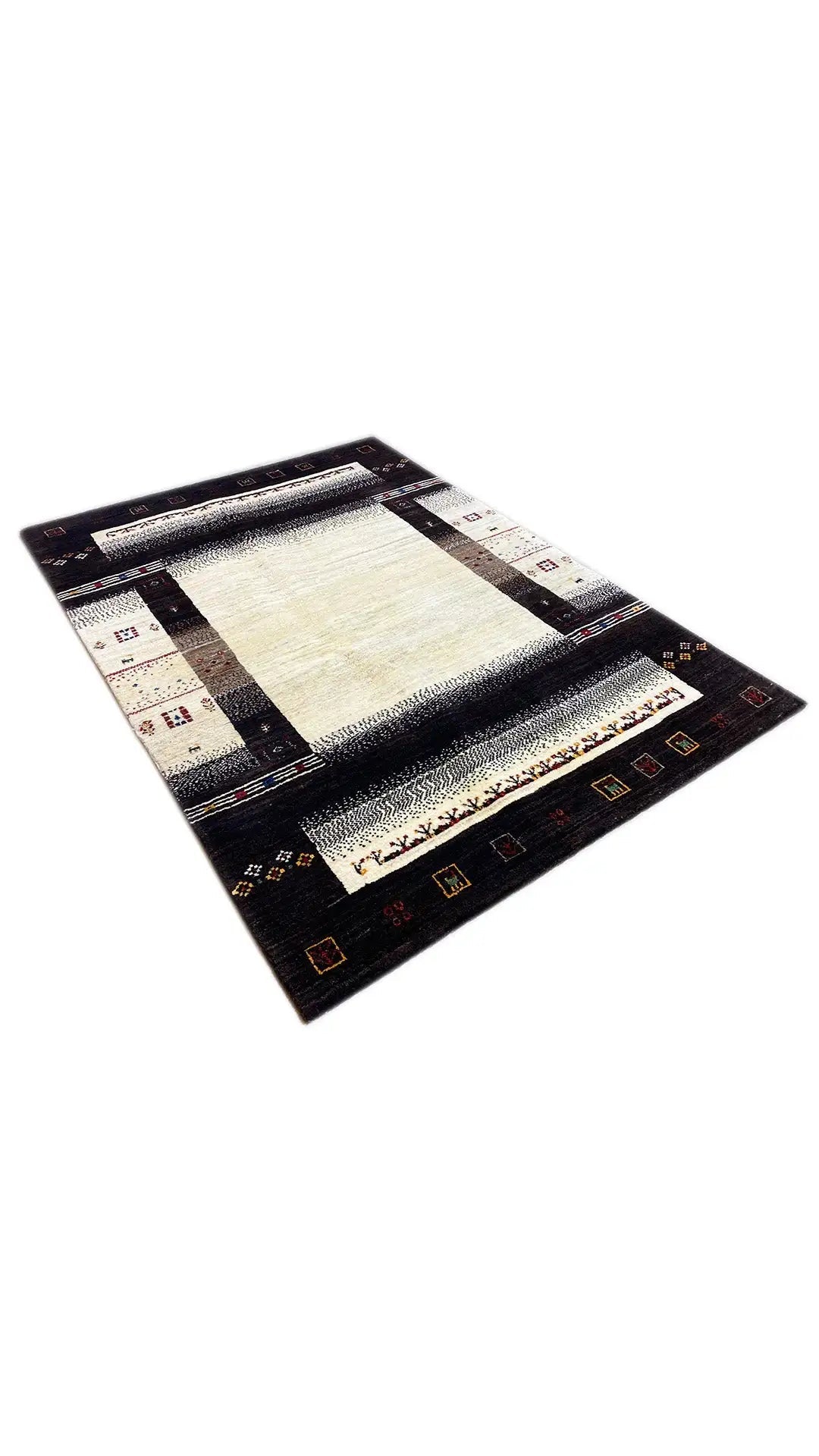 Gabbeh rug in a diagonal design with a beige center, dark brown frame, and decorative border