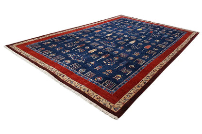 Oriental rug, rectangular: blue pattern with a red border and light decorative stripes