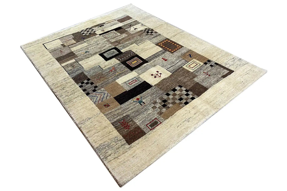 Rug with a beige border and abstract squares in brown, gray, and black