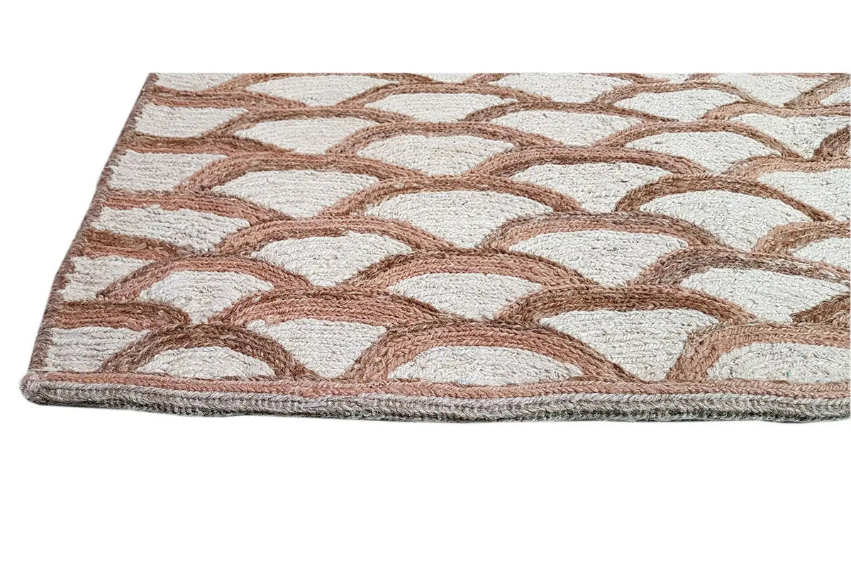 Rug with diamond and patterned sections in beige, brown, and white