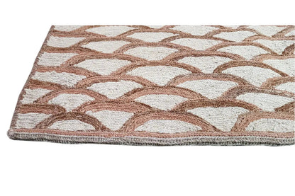 Rug with diamond and patterned sections in beige, brown, and white