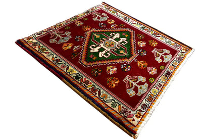 Qashqai Poshti rug 62x57 cm, red pattern with central cross and decorative border