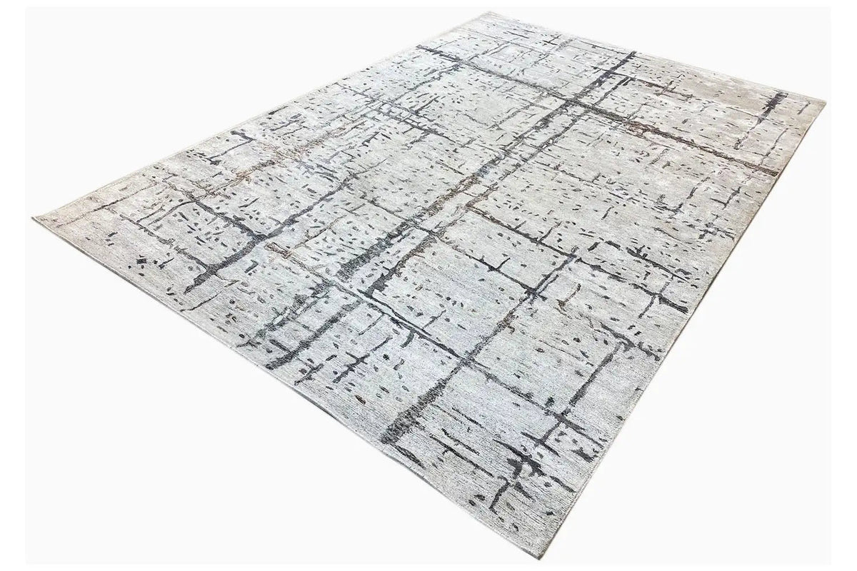 Hand-tufted rug 300x201 cm, flat grid design with speckles and lines on a light beige background