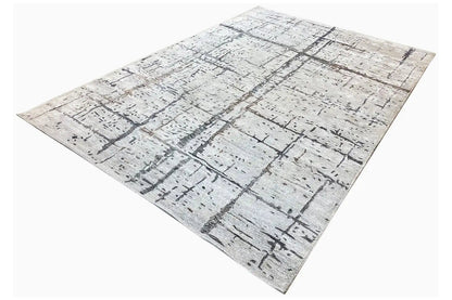 Hand-tufted rug 300x201 cm, flat grid design with speckles and lines on a light beige background