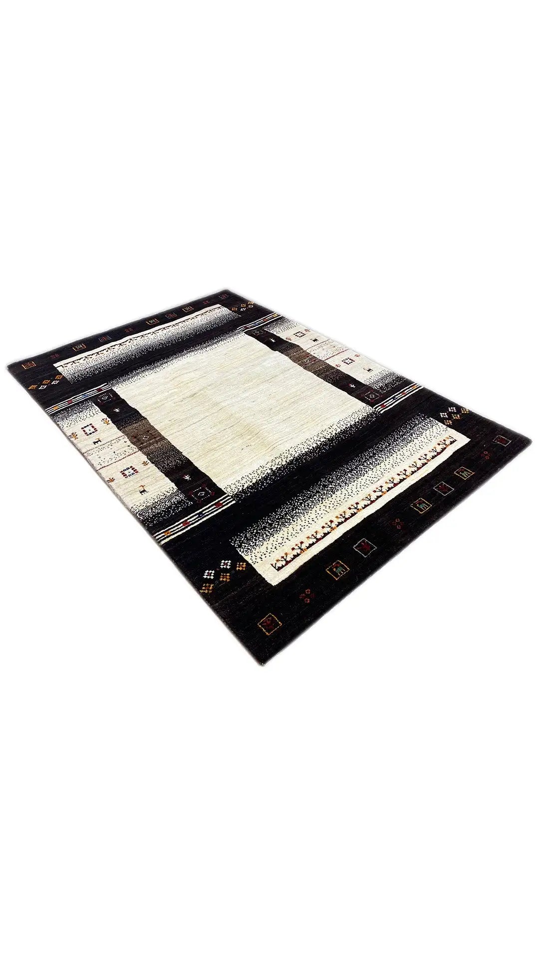 Gabbeh rug with a dark border, cream-colored field, and decorative edging
