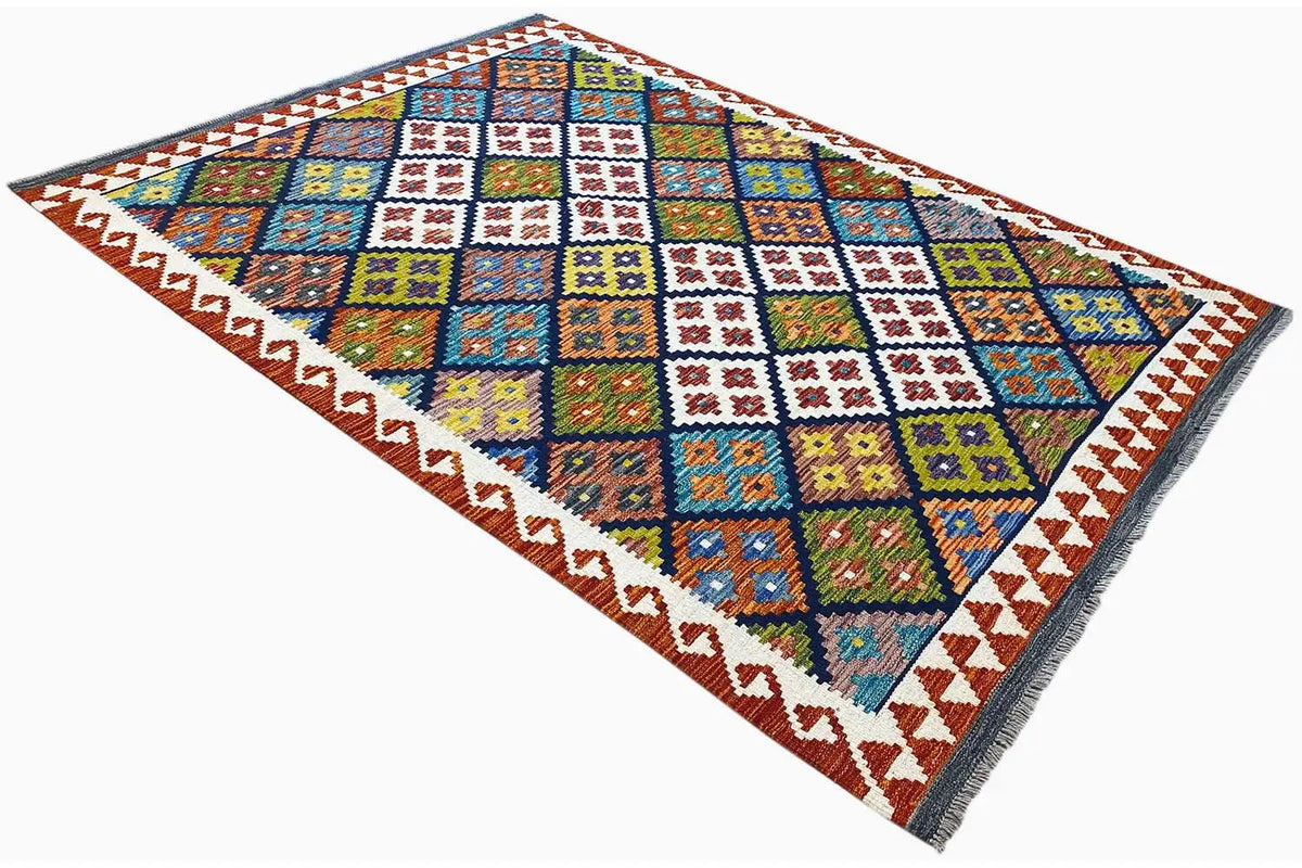 Afghan kilim spread diagonally with colorful patchwork of diamonds and crosses, wide border