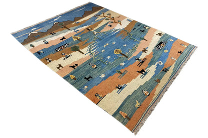 Kilim Qashqai rug: Angled rug with landscape motifs and zebra stripes