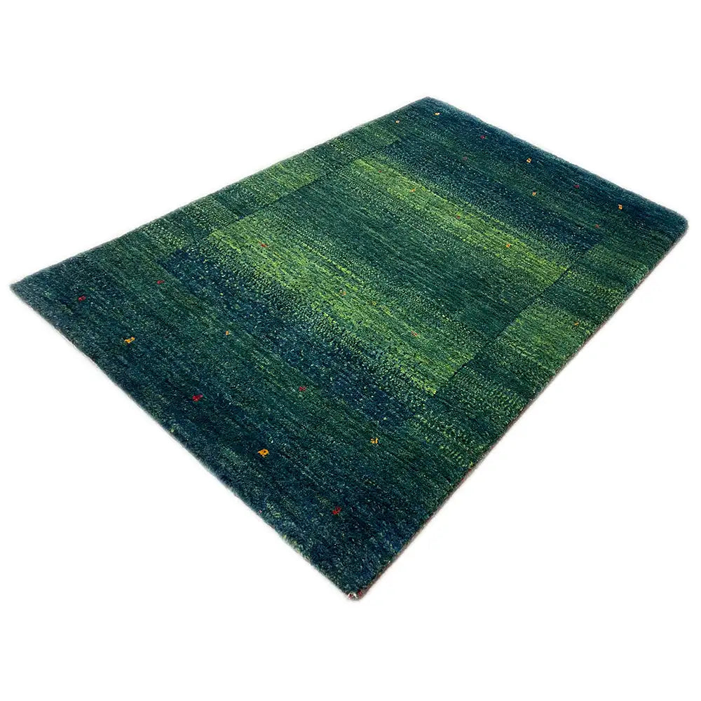 Gabbeh rug Lori, 98x64 cm: green-blue block pattern with small colorful accents