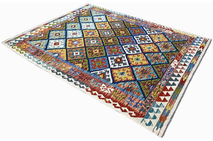 Kilim rug (Afghan), diagonal, colorful patterns of diamonds, rectangles, and zigzags
