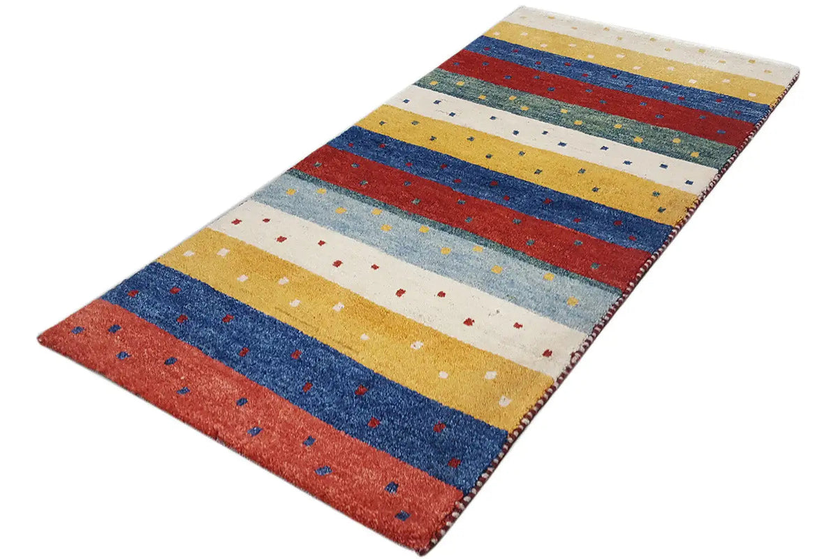 Gabbeh rug 142x66 cm diagonal, stripes in red, blue, yellow, and gray