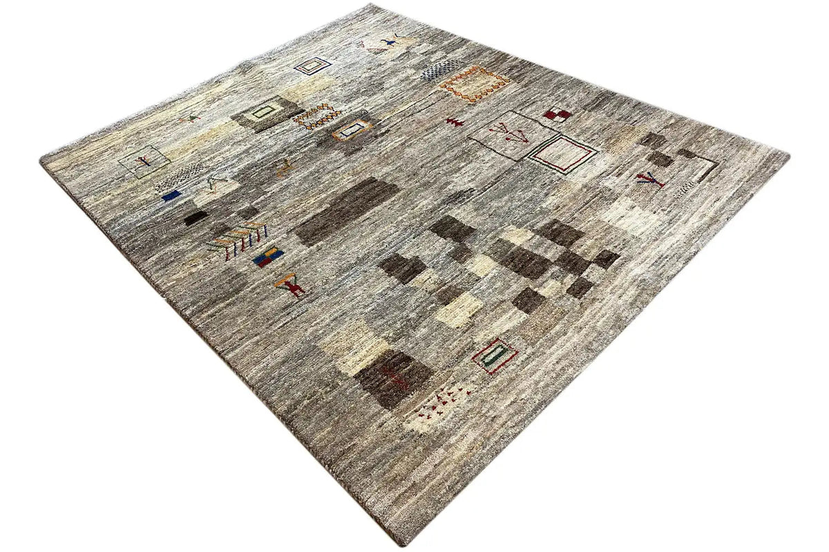 Gray Gabbeh rug with brick and diamond patterns in beige, red, and black