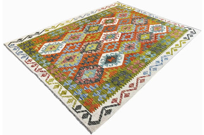 Afghan kilim 200×150 cm with colorful medallion and diamond pattern, spread out