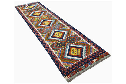 Kilim runner, diagonal: yellow-red squares and colorful stripes on a dark blue background