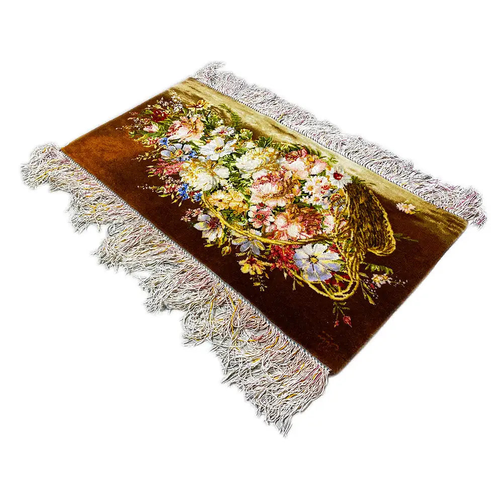 Rug 79x39 cm with a floral bouquet on a dark brown background, a golden-green stripe, and fringe