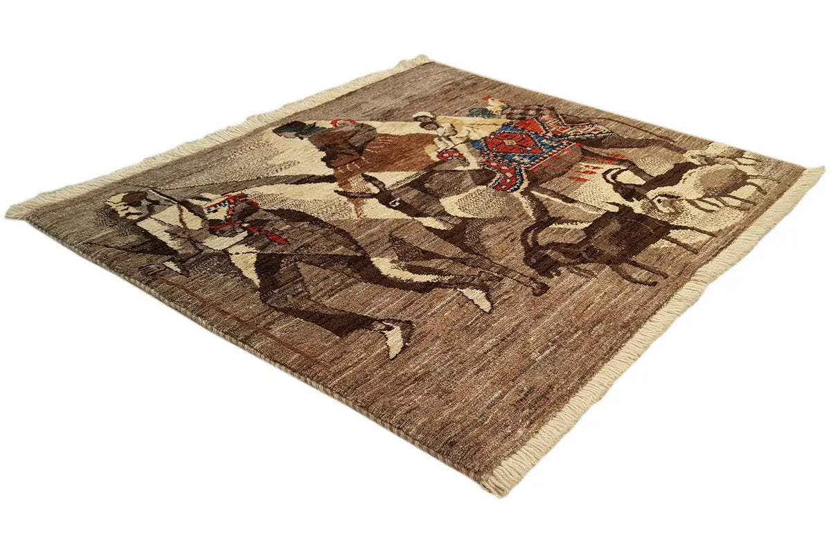 Rug 78x77 cm with equestrian motifs, brown background and colorful accents, fringes