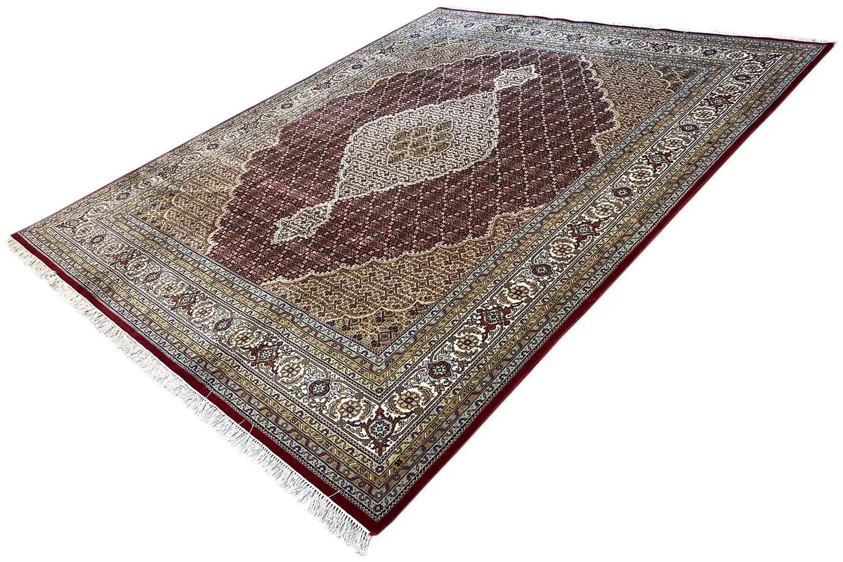 Indo Tabriz rug with fringe, medallion pattern in brown, beige, and blue