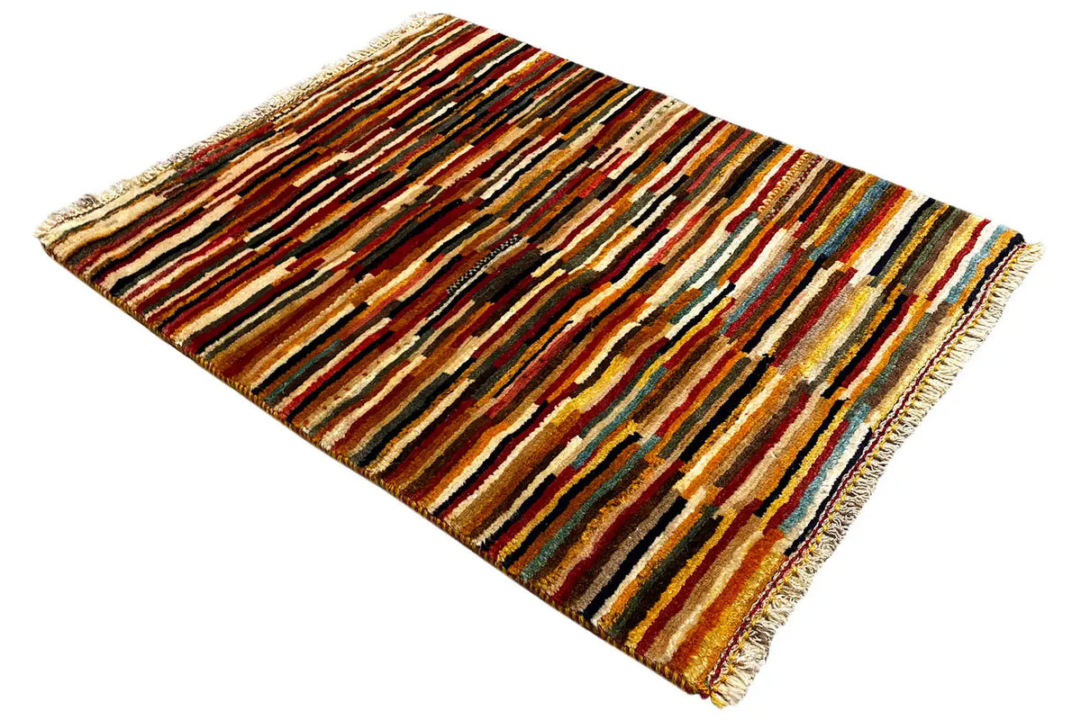 Gabbeh-Lori rug 84x68 cm, diagonal stripes in shades of brown, blue, and red