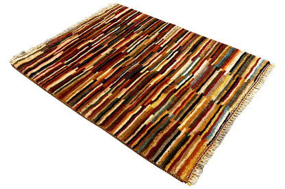 Gabbeh-Lori rug 84x68 cm, diagonal stripes in shades of brown, blue, and red