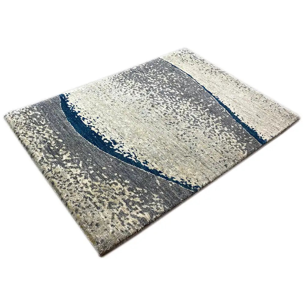 Gabbeh rug with curved color bands in light beige, dark blue and anthracite gray