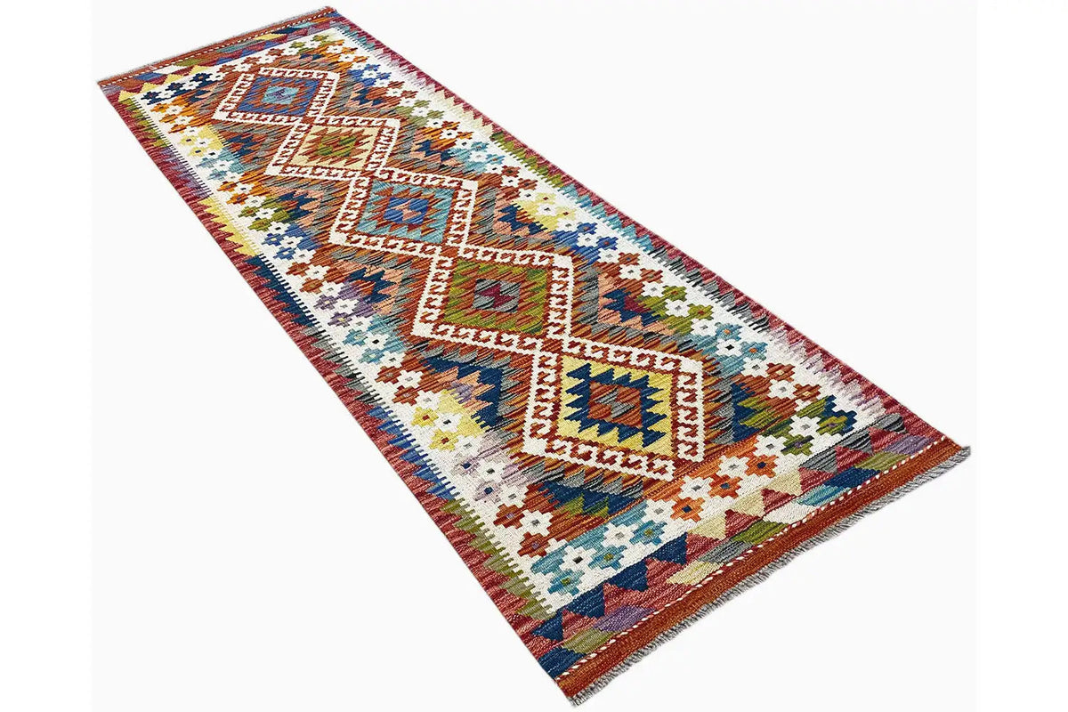 Kilim runner with stylized color blocks and diamonds in orange, blue, green and beige, approx. 192x64 cm