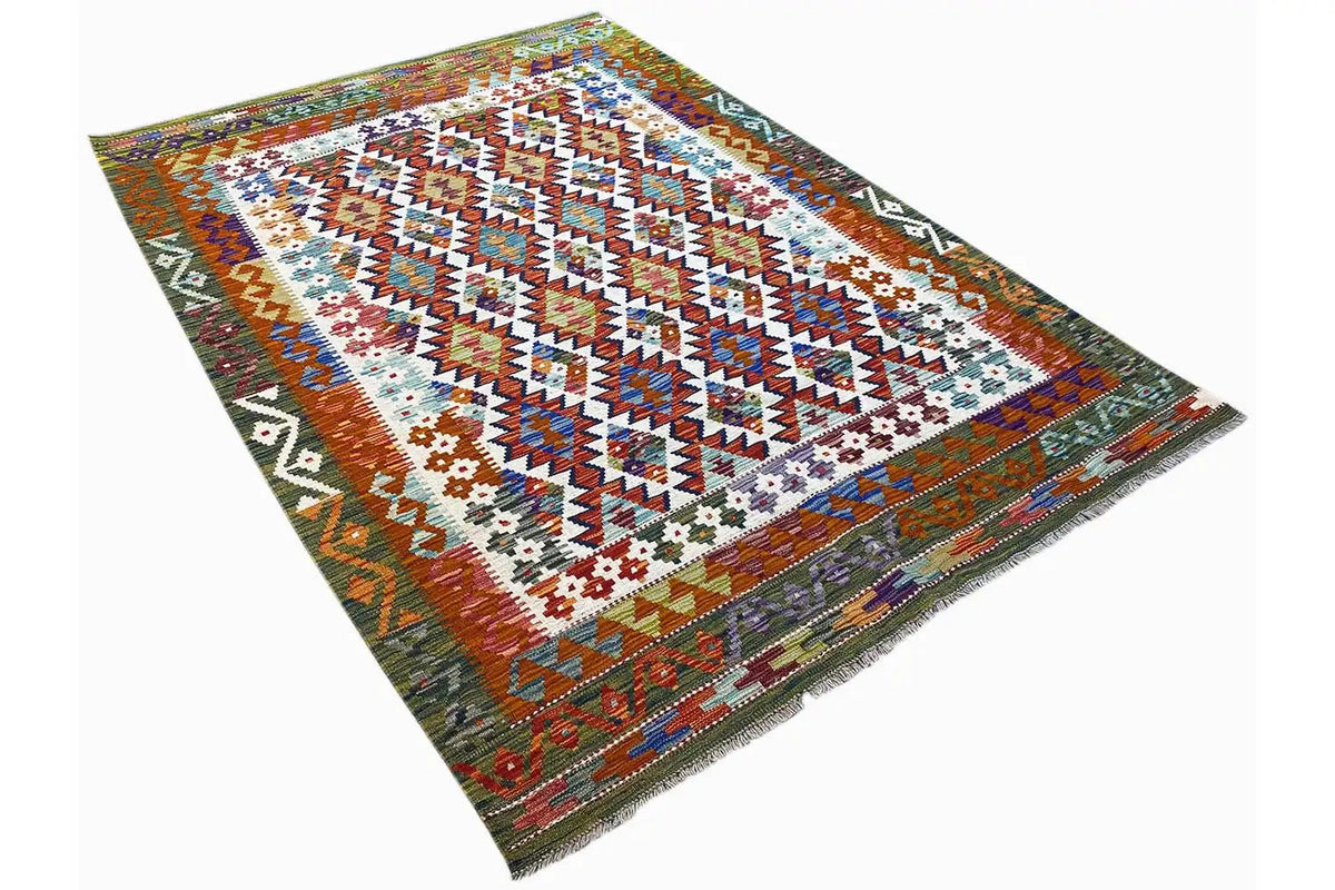 Kilim rug with star-shaped ornaments and diamonds in orange, green, and white
