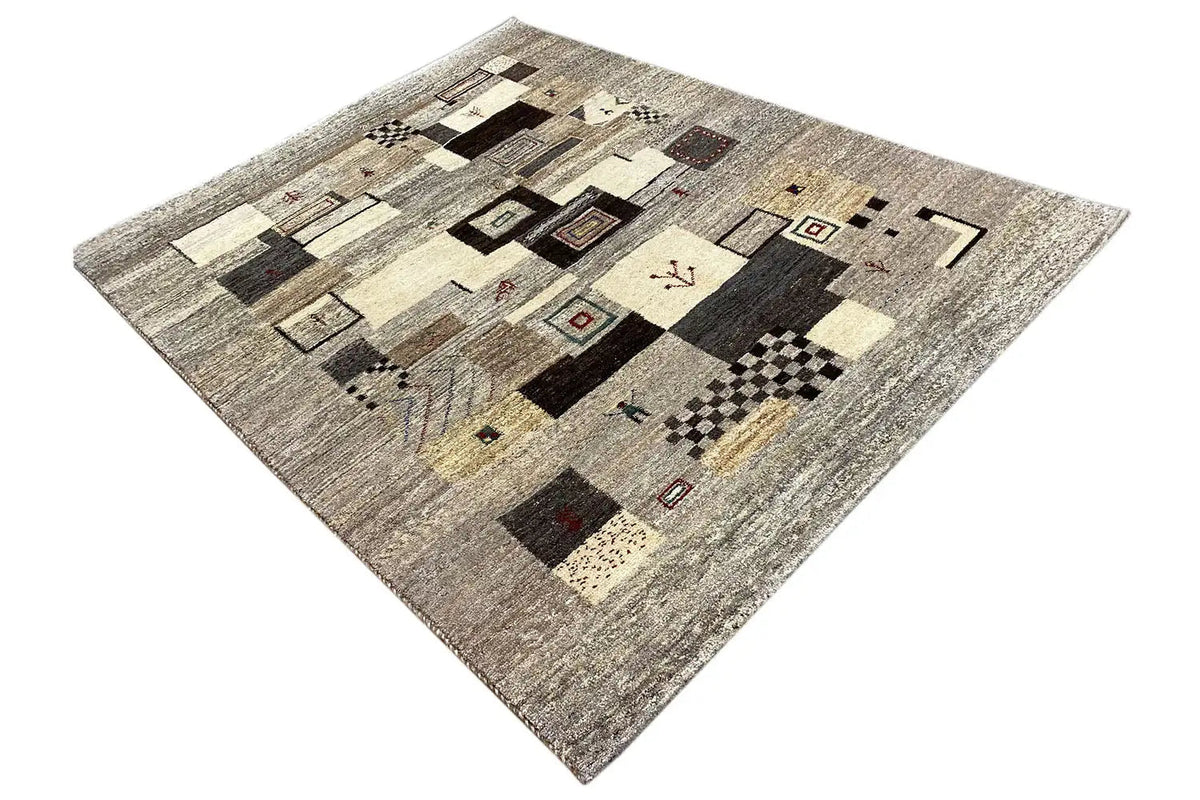 Gabbeh rug 198x148 cm, gray background with small squares and block shapes