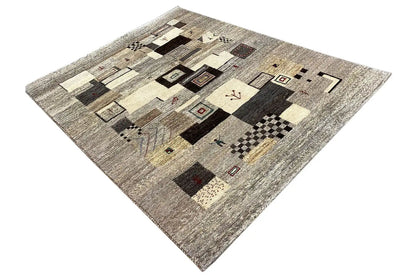 Gabbeh rug 198x148 cm, gray background with small squares and block shapes