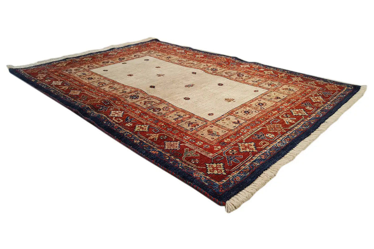 Rug viewed from above, light medallion and red-blue decorated ornamental border