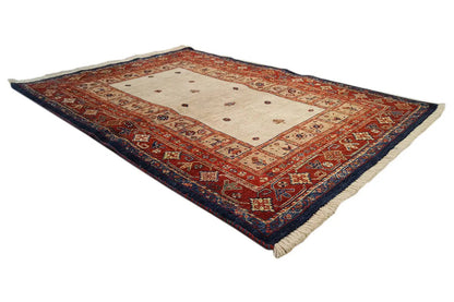 Rug viewed from above, light medallion and red-blue decorated ornamental border