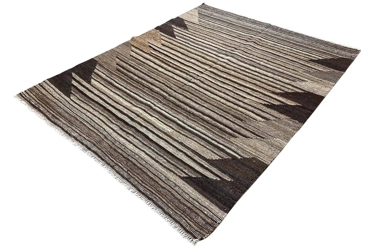 Kilim rug with a jagged stripe pattern and bound edges, beige and brown