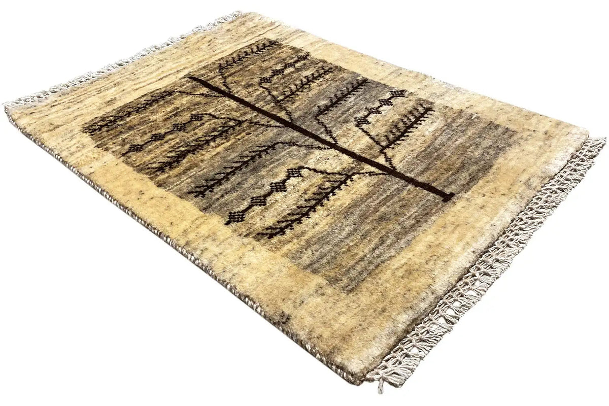 Gabbeh Lori rug 81x61 cm, angled: beige with gray stripes and a black branch pattern