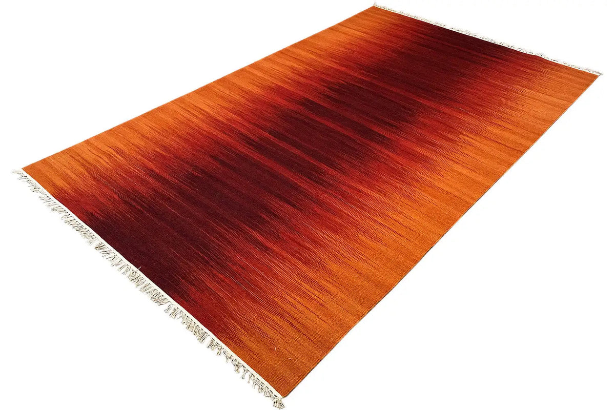 Modern kilim-dhurrie rug, orange-brown, dark red stripes, white fringes